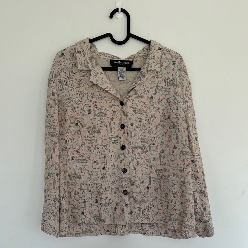 Sag Harbor 100% Silk Cream Decor Patterned Women's Top